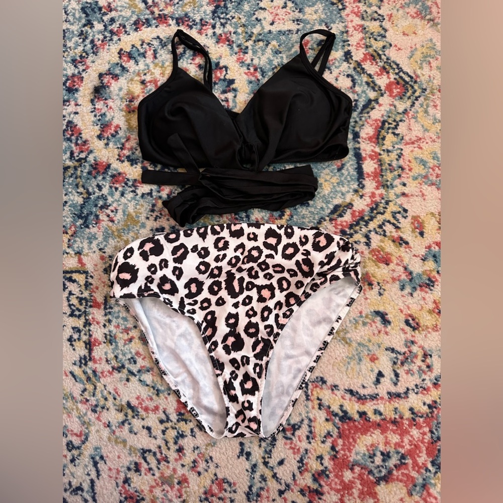 Black and leopard two piece bikini